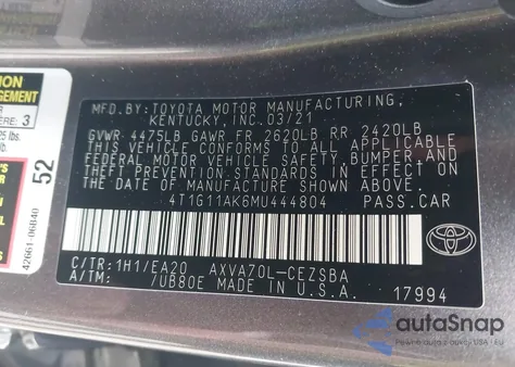2021 Toyota Camry Se z USA, uszkodzony, nr VIN 4T1G11AK6MU444804